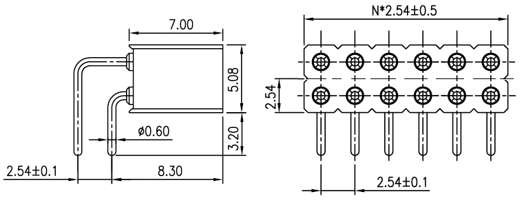DS1002-08-2xXXR700 серия, гнезда цанговые угловые двухрядные для выводного монтажа, шаг 2,54x2,54 мм, L=7,00 мм