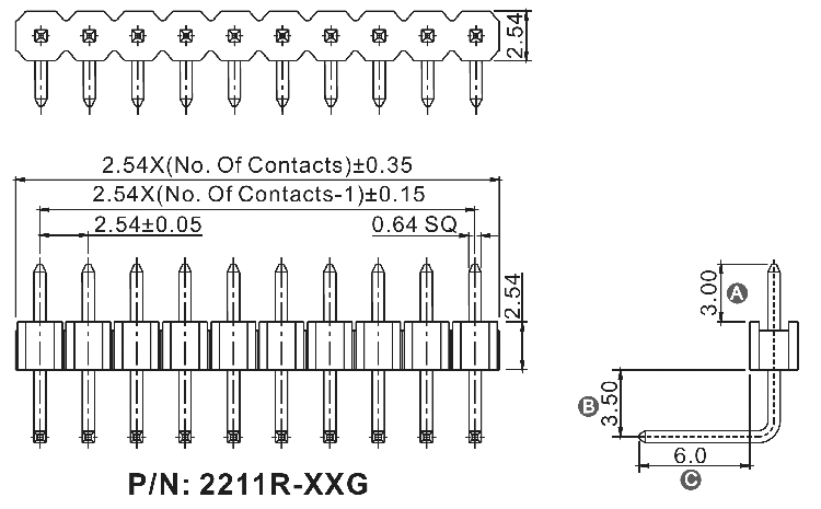 2211R-XXG-XXXXXX (PLS-XXR) серия, вилки штыревые открытые угловые однорядные на плату для монтажа в отверстия, шаг 2,54 мм, Соединители штыревые открытые плата/плата (межплатные штыревые линейки) и гнезда для них > шаг 2,54 мм