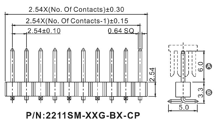 2211SM-XXG-B2-CP серия, вилки открытые прямые однорядные на плату для поверхностного (SMD) монтажа с захватом, шаг 2,54 мм, Соединители штыревые открытые плата/плата (межплатные штыревые линейки) и гнезда для них > шаг 2,54 мм