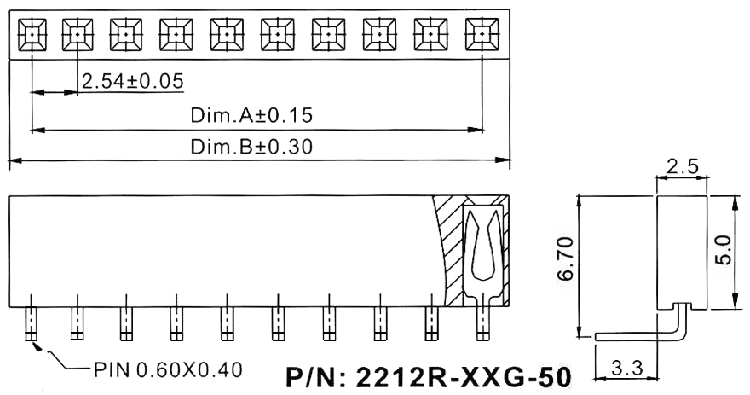 2212R-XXG-50 серия, розетки однорядные угловые (гнездо) на плату для монтажа в отверстия, шаг 2,54 мм, Соединители штыревые открытые плата/плата (межплатные штыревые линейки) и гнезда для них > шаг 2,54 мм