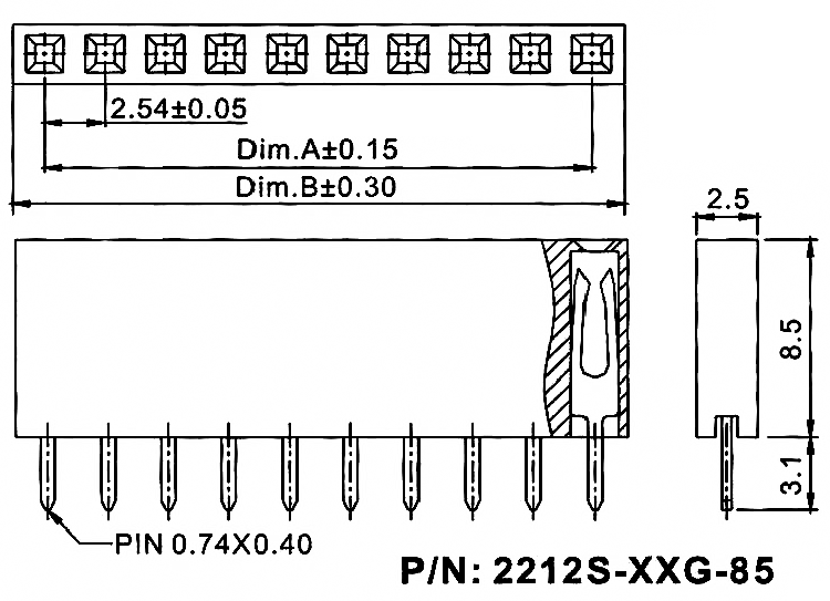 2212S-XXG-85 (PBS-XX) серия, розетки однорядные прямые (гнездо) на плату для монтажа в отверстия, шаг 2,54 мм, Соединители штыревые открытые плата/плата (межплатные штыревые линейки) и гнезда для них > шаг 2,54 мм