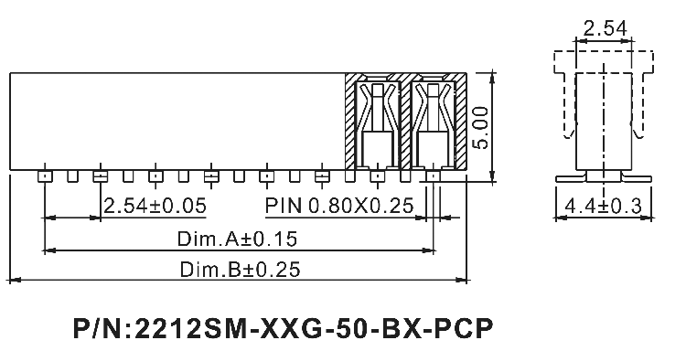 2212SM-XXG-50-B1-PCP серия, розетки прямые однорядные на плату для поверхностного (SMD) монтажа с захватом, шаг 2,54 мм, Соединители штыревые открытые плата/плата (межплатные штыревые линейки) и гнезда для них > шаг 2,54 мм