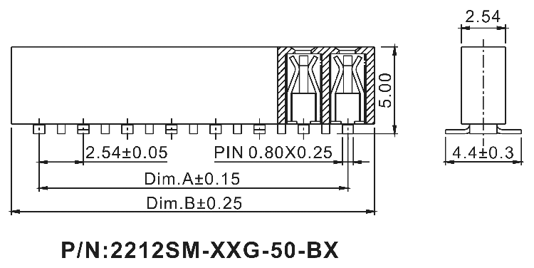 2212SM-XXG-50-B2 серия, розетки прямые однорядные на плату для поверхностного (SMD) монтажа, шаг 2,54 мм, Соединители штыревые открытые плата/плата (межплатные штыревые линейки) и гнезда для них > шаг 2,54 мм
