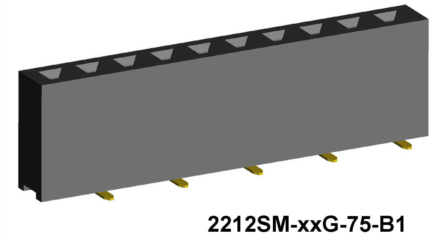 2212SM-XXG-75-BX серия, розетки прямые однорядные на плату для поверхностного (SMD) монтажа, шаг 2,54 мм, Соединители плата/плата (разъемы межплатные), штыревые линейки и гнезда для них > 2,54 x 2,54