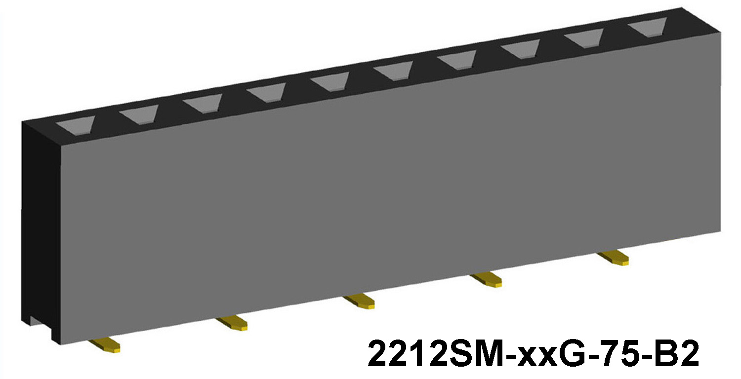 2212SM-XXG-75-BX серия, розетки прямые однорядные на плату для поверхностного (SMD) монтажа, шаг 2,54 мм, Соединители плата/плата (разъемы межплатные), штыревые линейки и гнезда для них > 2,54 x 2,54