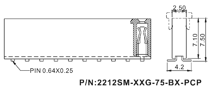 2212SM-XXG-75-B2-PCP серия, розетки прямые однорядные на плату для поверхностного (SMD) монтажа с захватом, шаг 2,54 мм, Соединители штыревые открытые плата/плата (межплатные штыревые линейки) и гнезда для них > шаг 2,54 мм