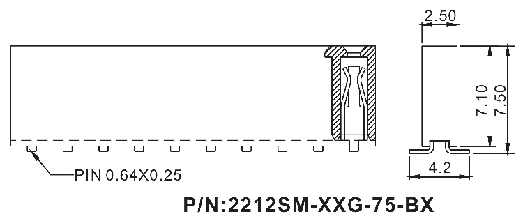 2212SM-XXG-75-B1 серия, розетки прямые однорядные (гнездо) на плату для поверхностного (SMD) монтажа, шаг 2,54 мм, Соединители штыревые открытые плата/плата (межплатные штыревые линейки) и гнезда для них > шаг 2,54 мм