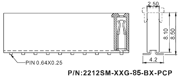 2212SM-XXG-85-B1-PCP серия, розетки прямые однорядные на плату для поверхностного (SMD) монтажа с захватом, шаг 2,54 мм, Соединители штыревые открытые плата/плата (межплатные штыревые линейки) и гнезда для них > шаг 2,54 мм