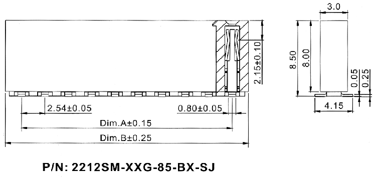 2212SM-XXG-85-B1-SJ серия, розетки прямые однорядные (гнездо) на плату для поверхностного (SMD) монтажа, шаг 2,54 мм, Соединители штыревые открытые плата/плата (межплатные штыревые линейки) и гнезда для них > шаг 2,54 мм