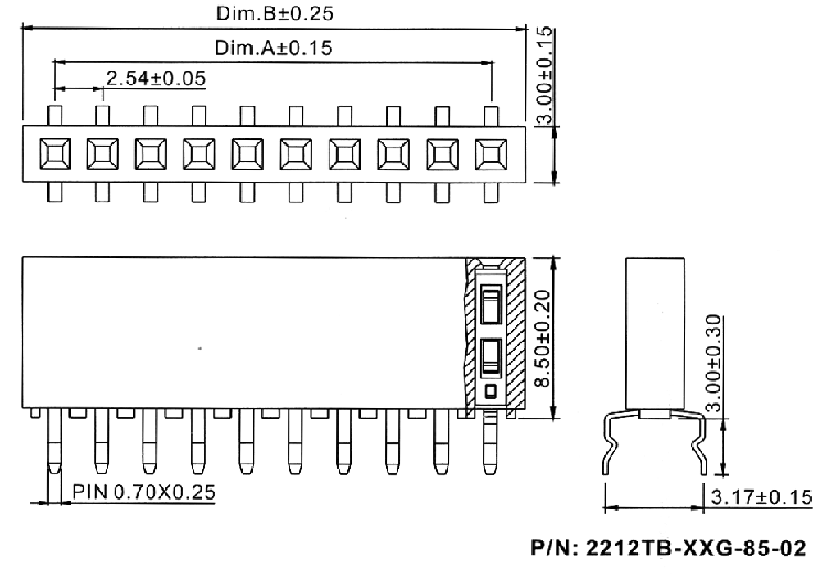 2212TB-XXG-85-02 серия, розетки однорядные прямые (гнездо) на плату для монтажа в отверстия, шаг 2,54 мм, Соединители штыревые открытые плата/плата (межплатные штыревые линейки) и гнезда для них > шаг 2,54 мм