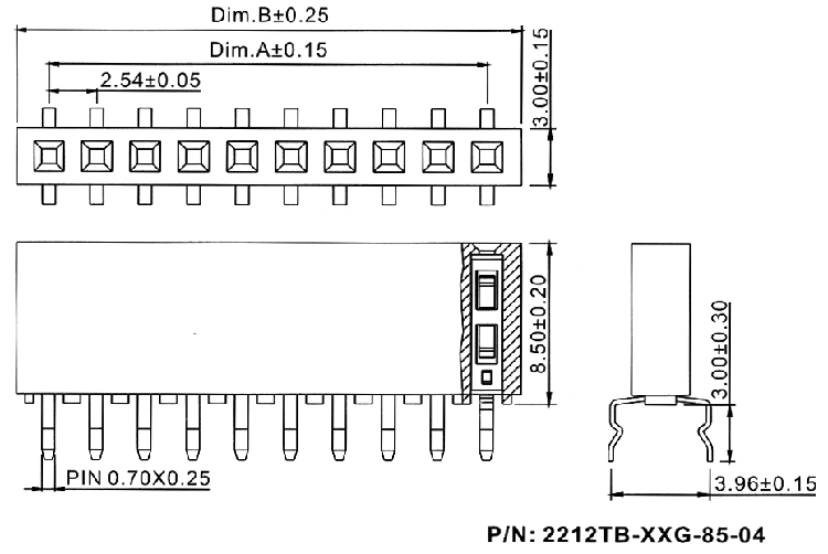 2212TB-XXG-85-04 серия, розетки однорядные прямые (гнездо) на плату для монтажа в отверстия, шаг 2,54 мм, Соединители штыревые открытые плата/плата (межплатные штыревые линейки) и гнезда для них > шаг 2,54 мм