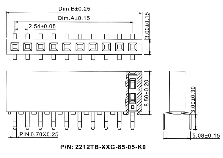 2212TB-XXG-85-05-K0 серия, розетки однорядные прямые (гнездо) на плату для монтажа в отверстия, шаг 2,54 мм, Соединители штыревые открытые плата/плата (межплатные штыревые линейки) и гнезда для них > шаг 2,54 мм