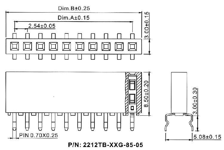 2212TB-XXG-85-05 серия, розетки однорядные прямые (гнездо) на плату для монтажа в отверстия, шаг 2,54 мм, Соединители штыревые открытые плата/плата (межплатные штыревые линейки) и гнезда для них > шаг 2,54 мм
