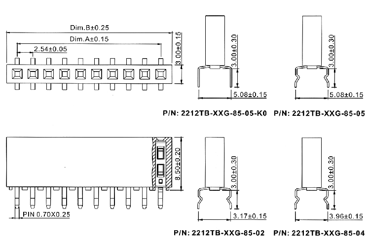 2212TB-XXG-85-XX серия, розетки однорядные прямые на плату для монтажа в отверстия, шаг 2,54 мм, Соединители плата/плата (разъемы межплатные), штыревые линейки и гнезда для них > 2,54 x 2,54