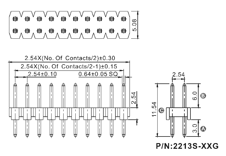 2213S-xxG (PLD-XX, DS1021-2xXXSF11) серия, вилки открытые прямые двухрядные на плату для монтажа в отверстия, шаг 2,54x2,54 мм, Соединители штыревые открытые плата/плата (межплатные штыревые линейки) и гнезда для них > шаг 2,54x2,54 мм