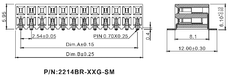 2214BR-XXG-SM серия, розетки с боковым входом двухрядные на плату для поверхностного (SMD) монтажа, шаг 2,54 x 2,54 мм, Соединители плата/плата (разъемы межплатные), штыревые линейки и гнезда для них > 2,54 x 2,54