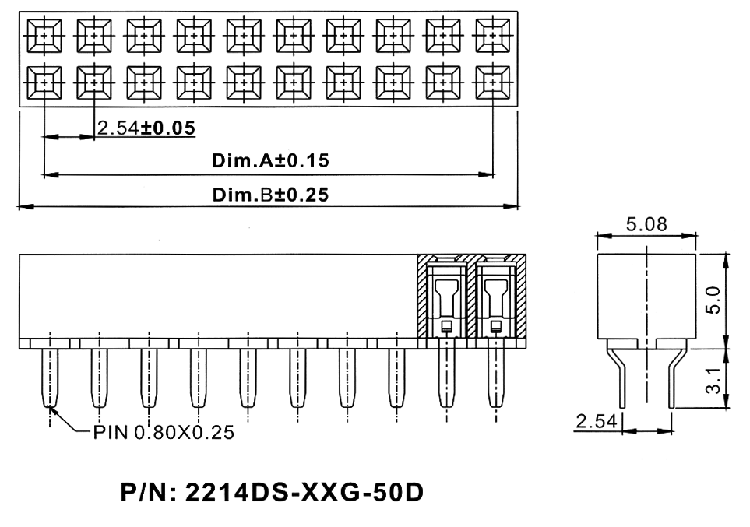 2214DS-XXG-50D серия, розетки двухрядные прямые на плату для монтажа в отверстия, шаг 2,54 x 2,54 мм, Соединители плата/плата (разъемы межплатные), штыревые линейки и гнезда для них > 2,54 x 2,54
