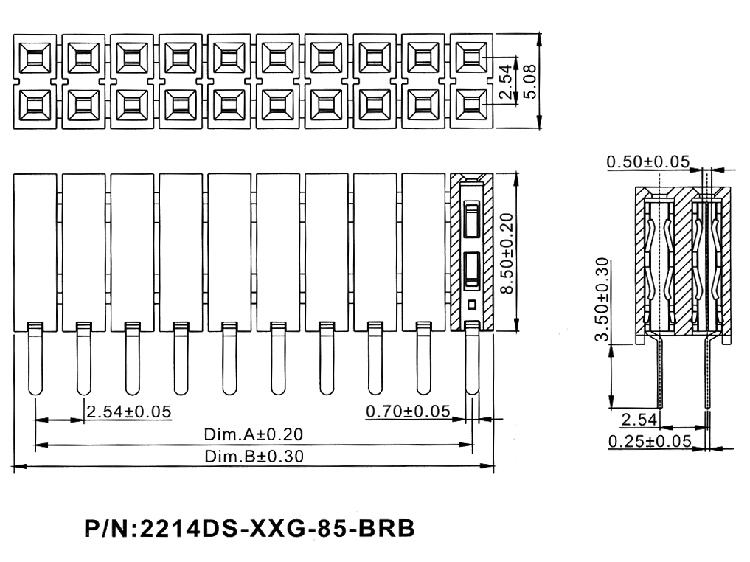 2214DS-XXG-85-BRB серия, розетки двухрядные с увеличенным ломким изолятором на плату для монтажа в отверстия, шаг 2,54 x 2,54 мм, Соединители плата/плата (разъемы межплатные), штыревые линейки и гнезда для них > 2,54 x 2,54