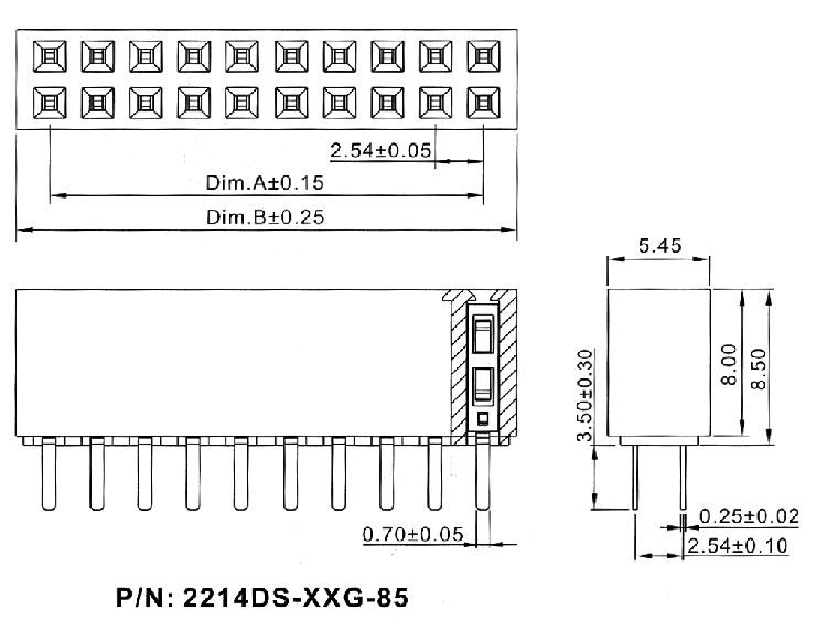 2214DS-XXG-85 серия, розетки двухрядные прямые (гнездо) на плату для монтажа в отверстия, шаг 2,54x2,54 мм, Соединители штыревые открытые плата/плата (межплатные штыревые линейки) и гнезда для них > шаг 2,54x2,54 мм