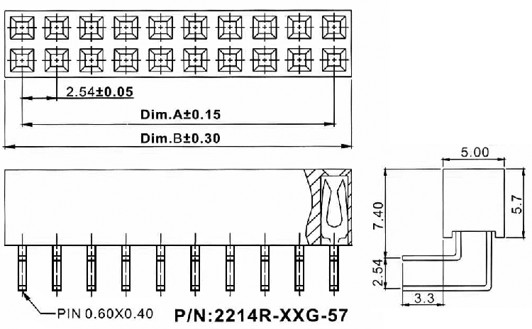 2214R-XXG-57 серия, розетки двухрядные угловые (гнездо) на плату для монтажа в отверстия, шаг 2,54x2,54 мм, Соединители штыревые открытые плата/плата (межплатные штыревые линейки) и гнезда для них > шаг 2,54x2,54 мм