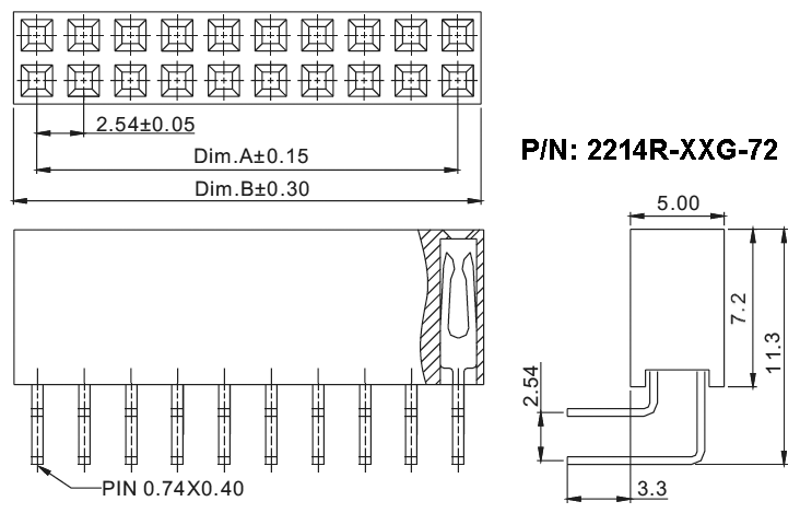 2214R-XXG-72 серия, розетки двухрядные угловые на плату для монтажа в отверстия, шаг 2,54x2,54 мм, Соединители штыревые открытые плата/плата (межплатные штыревые линейки) и гнезда для них > шаг 2,54x2,54 мм