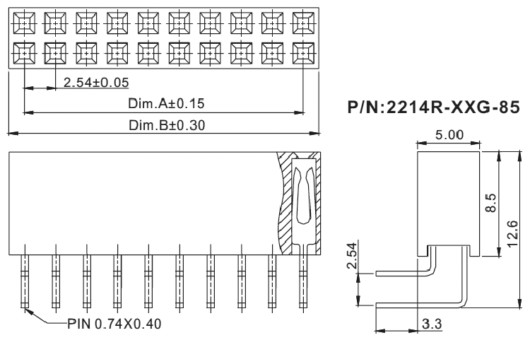 2214R-XXG-85 (PBD-XXR) серия, розетки двухрядные угловые (гнездо) на плату для монтажа в отверстия, шаг 2,54x2,54 мм, Соединители штыревые открытые плата/плата (межплатные штыревые линейки) и гнезда для них > шаг 2,54x2,54 мм