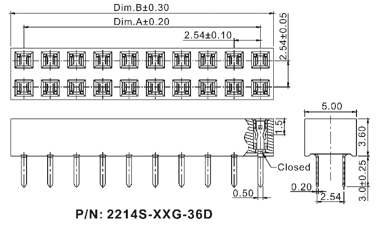 2214S-XXG-36D серия, розетки двухрядные прямые (гнездо) на плату для монтажа в отверстия, шаг 2,54x2,54 мм, Соединители штыревые открытые плата/плата (межплатные штыревые линейки) и гнезда для них > шаг 2,54x2,54 мм