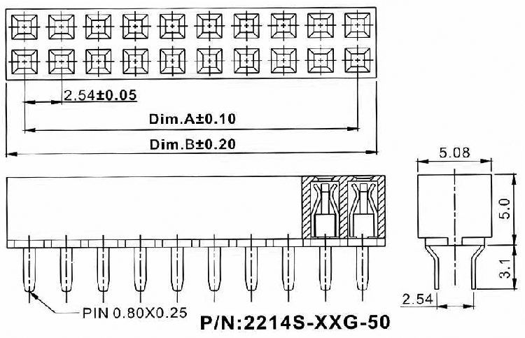 2214S-XXG-50 серия, розетки двухрядные прямые (гнездо) на плату для монтажа в отверстия, шаг 2,54x2,54 мм, Соединители штыревые открытые плата/плата (межплатные штыревые линейки) и гнезда для них > шаг 2,54x2,54 мм