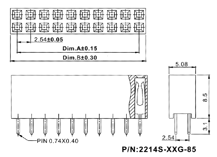 2214S-XXG-85 (PBD-XX) серия, розетки двухрядные прямые (гнездо) на плату для монтажа в отверстия, шаг 2,54x2,54 мм, Соединители штыревые открытые плата/плата (межплатные штыревые линейки) и гнезда для них > шаг 2,54x2,54 мм