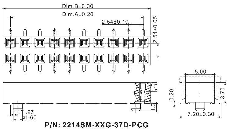 2214SM-XXG-37D-PCG серия, розетки двухрядные прямые с направляющими на плату для поверхностного (SMD) монтажа с захватом, шаг 2,54x2,54 мм, Соединители штыревые открытые плата/плата (межплатные штыревые линейки) и гнезда для них > шаг 2,54x2,54 мм