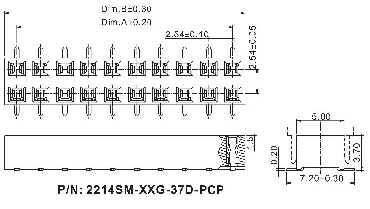 2214SM-XXG-37D-PCP серия, розетки двухрядные прямые на плату для поверхностного (SMD) монтажа с захватом, шаг 2,54x2,54 мм, Соединители штыревые открытые плата/плата (межплатные штыревые линейки) и гнезда для них > шаг 2,54x2,54 мм