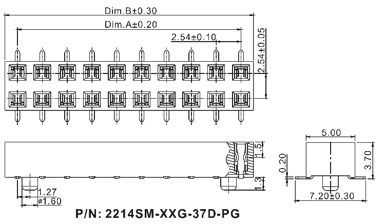 2214SM-XXG-37D-PG серия, розетки двухрядные прямые с направляющими на плату для поверхностного (SMD) монтажа, шаг 2,54x2,54 мм, Соединители штыревые открытые плата/плата (межплатные штыревые линейки) и гнезда для них > шаг 2,54x2,54 мм