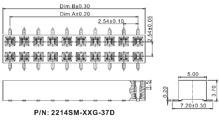 2214SM-XXG-37D серия, розетки двухрядные прямые (гнездо) на плату для поверхностного (SMD) монтажа, шаг 2,54x2,54 мм, Соединители штыревые открытые плата/плата (межплатные штыревые линейки) и гнезда для них > шаг 2,54x2,54 мм