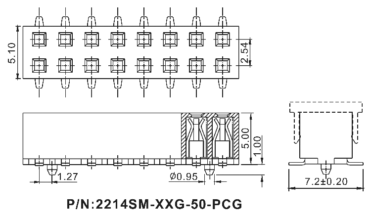 2214SM-XXG-50-PCG серия, розетки двухрядные прямые с направляющими на плату для поверхностного (SMD) монтажа с захватом, шаг 2,54x2,54 мм, Соединители штыревые открытые плата/плата (межплатные штыревые линейки) и гнезда для них > шаг 2,54x2,54 мм