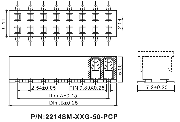 2214SM-XXG-50-PCP серия, розетки двухрядные прямые на плату для поверхностного (SMD) монтажа с захватом, шаг 2,54x2,54 мм, Соединители штыревые открытые плата/плата (межплатные штыревые линейки) и гнезда для них > шаг 2,54x2,54 мм