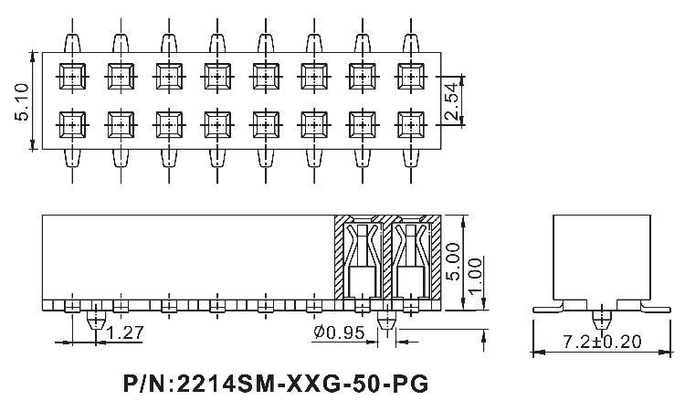 2214SM-XXG-50-PG серия, розетки двухрядные прямые с направляющими на плату для поверхностного (SMD) монтажа, шаг 2,54x2,54 мм, Соединители штыревые открытые плата/плата (межплатные штыревые линейки) и гнезда для них > шаг 2,54x2,54 мм