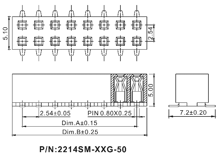 2214SM-XXG-50 серия, розетки двухрядные прямые (гнездо) на плату для поверхностного (SMD) монтажа, шаг 2,54x2,54 мм, Соединители штыревые открытые плата/плата (межплатные штыревые линейки) и гнезда для них > шаг 2,54x2,54 мм