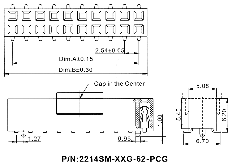 2214SM-XXG-62-PCG серия, розетки двухрядные прямые с направляющими на плату для поверхностного (SMD) монтажа с захватом, шаг 2,54x2,54 мм, Соединители штыревые открытые плата/плата (межплатные штыревые линейки) и гнезда для них > шаг 2,54x2,54 мм