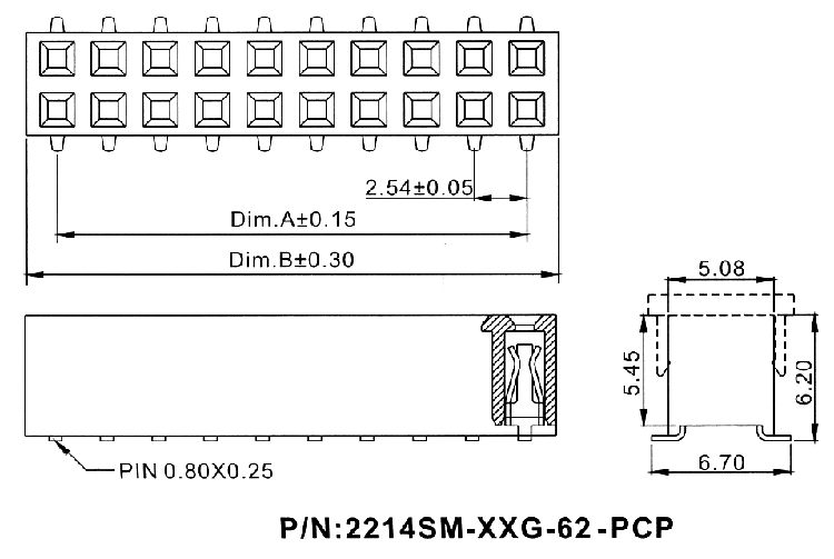 2214SM-XXG-62-PCP серия, розетки двухрядные прямые на плату для поверхностного (SMD) монтажа с захватом, шаг 2,54 x 2,54 мм, Соединители плата/плата (разъемы межплатные), штыревые линейки и гнезда для них > 2,54 x 2,54
