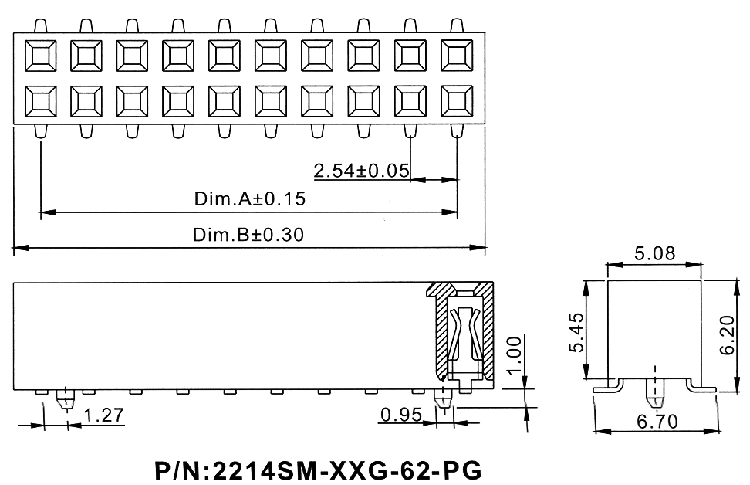 2214SM-XXG-62-PG серия, розетки двухрядные прямые с направляющими на плату для поверхностного (SMD) монтажа, шаг 2,54x2,54 мм, Соединители штыревые открытые плата/плата (межплатные штыревые линейки) и гнезда для них > шаг 2,54x2,54 мм