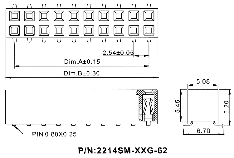 2214SM-XXG-62 серия, розетки двухрядные прямые на плату для поверхностного (SMD) монтажа, шаг 2,54x2,54 мм, Соединители штыревые открытые плата/плата (межплатные штыревые линейки) и гнезда для них > шаг 2,54x2,54 мм
