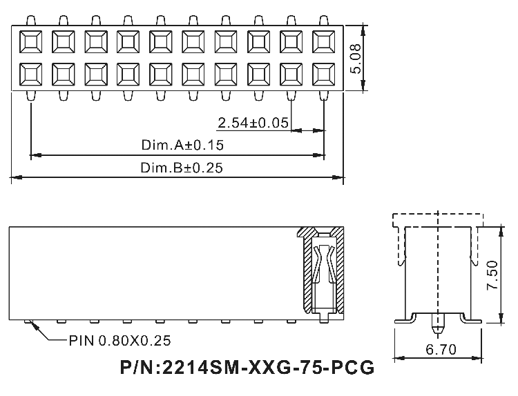 2214SM-XXG-75-PCG серия, розетки двухрядные прямые с направляющими на плату для поверхностного (SMD) монтажа с захватом, шаг 2,54x2,54 мм, Соединители штыревые открытые плата/плата (межплатные штыревые линейки) и гнезда для них > шаг 2,54x2,54 мм