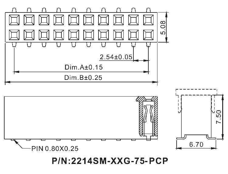 2214SM-XXG-75-PCP серия, розетки двухрядные прямые на плату для поверхностного (SMD) монтажа с захватом, шаг 2,54x2,54 мм, Соединители штыревые открытые плата/плата (межплатные штыревые линейки) и гнезда для них > шаг 2,54x2,54 мм