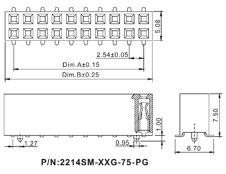 2214SM-XXG-75-PG серия, розетки двухрядные прямые с направляющими на плату для поверхностного (SMD) монтажа, шаг 2,54x2,54 мм, Соединители штыревые открытые плата/плата (межплатные штыревые линейки) и гнезда для них > шаг 2,54x2,54 мм