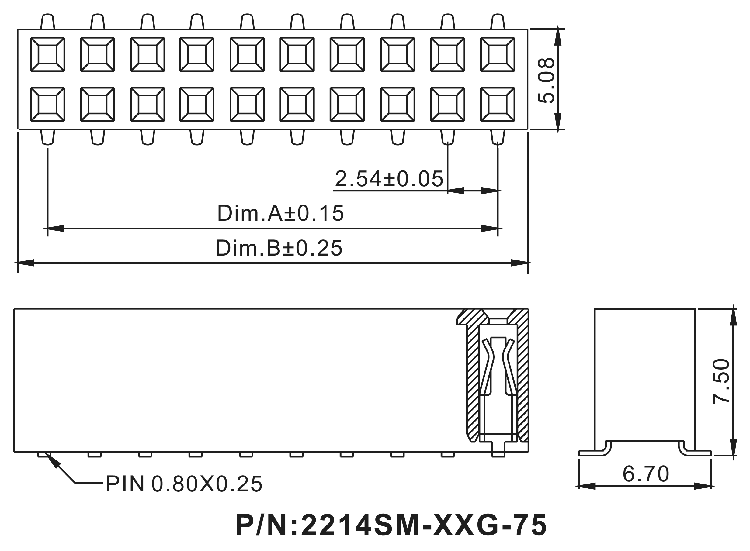 2214SM-XXG-75 серия, розетки двухрядные прямые (гнездо) на плату для поверхностного (SMD) монтажа, шаг 2,54x2,54 мм, Соединители штыревые открытые плата/плата (межплатные штыревые линейки) и гнезда для них > шаг 2,54x2,54 мм