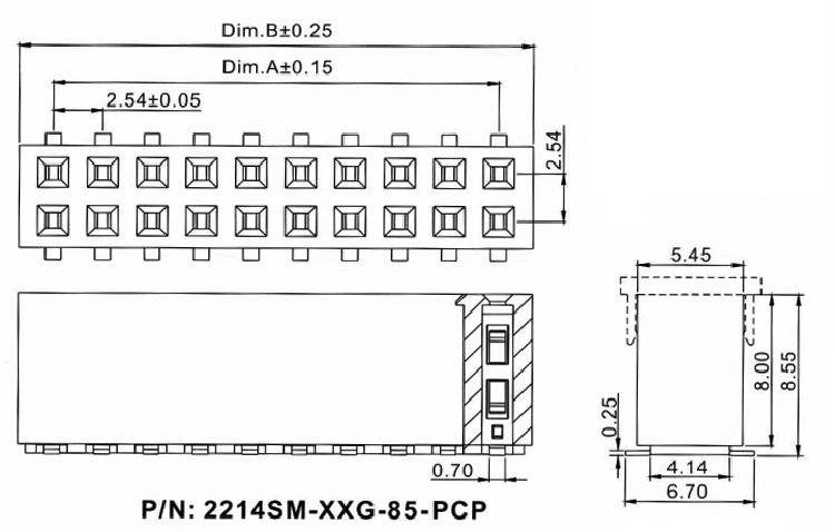 2214SM-XXG-85-PCP серия, розетки двухрядные прямые (гнездо) на плату для поверхностного (SMD) монтажа с захватом для монтажного автомата, шаг 2,54x2,54 мм, Соединители штыревые открытые плата/плата (межплатные штыревые линейки) и гнезда для них > шаг 2,54x2,54 мм