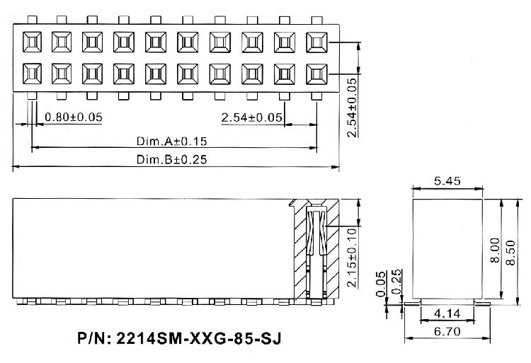 2214SM-XXG-85-SJ серия, розетки двухрядные прямые (гнездо) на плату для поверхностного (SMD) монтажа, шаг 2,54x2,54 мм, Соединители штыревые открытые плата/плата (межплатные штыревые линейки) и гнезда для них > шаг 2,54x2,54 мм