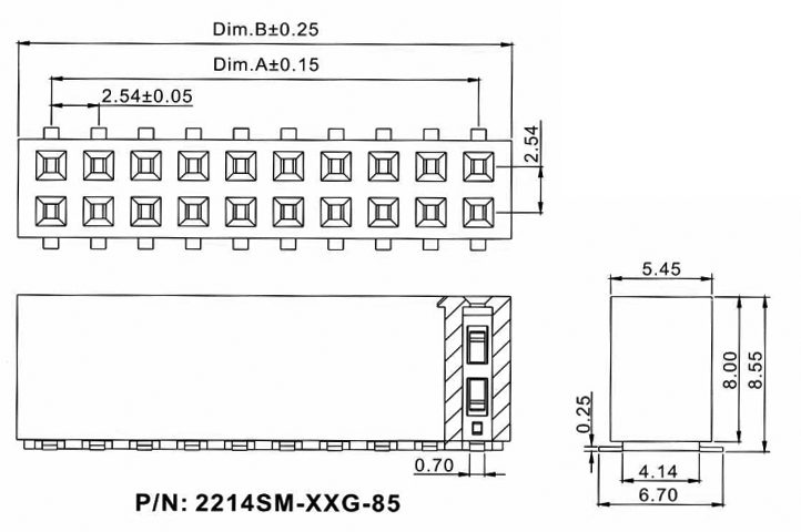 2214SM-XXG-85 (PBD-XXS) серия, розетки двухрядные прямые (гнездо) на плату для поверхностного (SMD) монтажа, шаг 2,54x2,54 мм, Соединители штыревые открытые плата/плата (межплатные штыревые линейки) и гнезда для них > шаг 2,54x2,54 мм