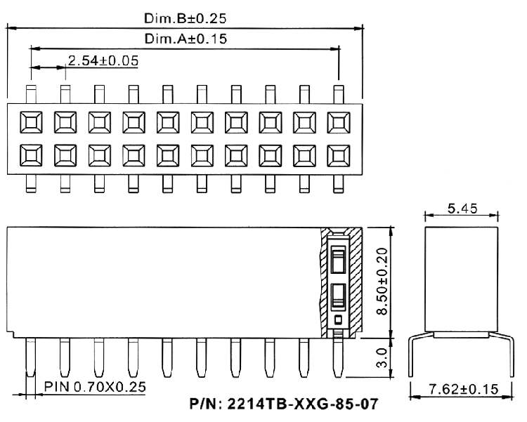 2214TB-XXG-85-07 серия, розетки двухрядные прямые на плату для монтажа в отверстия, шаг 2,54x2,54 мм, Соединители штыревые открытые плата/плата (межплатные штыревые линейки) и гнезда для них > шаг 2,54x2,54 мм