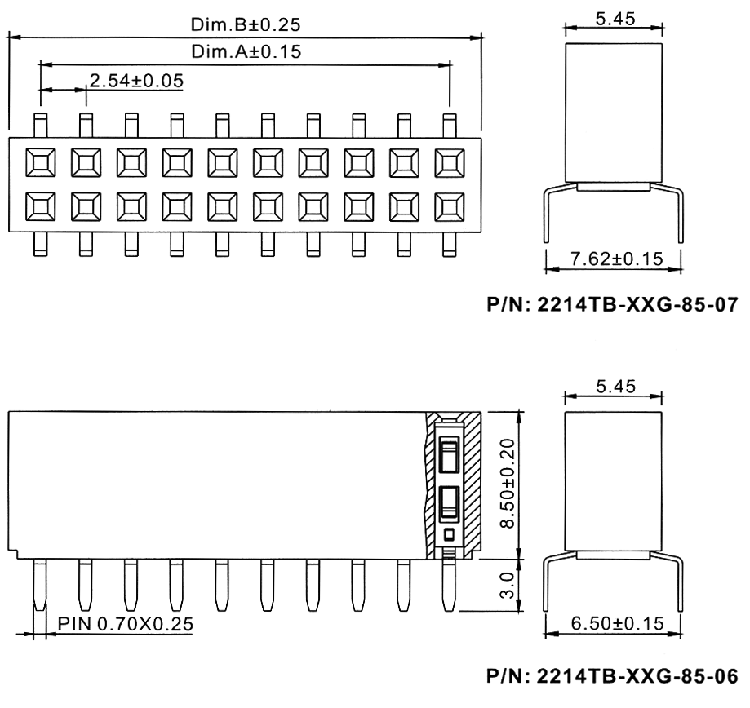 2214TB-XXG-85-XX серия, розетки двухрядные прямые на плату для монтажа в отверстия, шаг 2,54 x 2,54 мм, Соединители плата/плата (разъемы межплатные), штыревые линейки и гнезда для них > 2,54 x 2,54